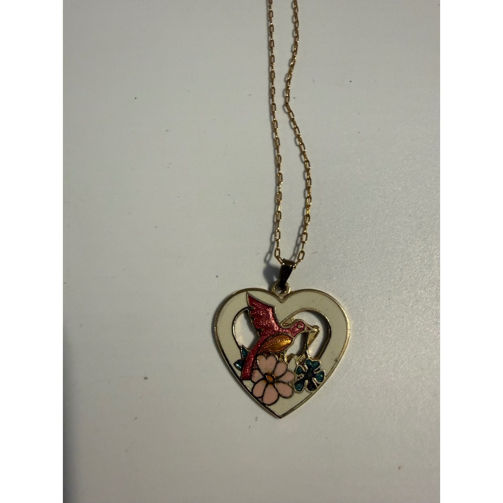 Vintage Gold Tone Heart Cloisonne Hummingbird Floral Enamel Pendant Necklace 18"